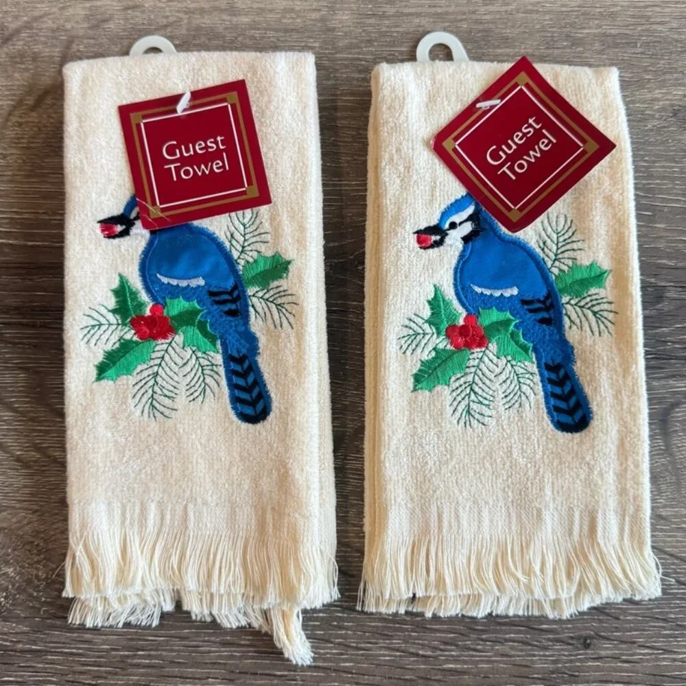 Set of 2 Vintage Holiday Christmas Embroidered Bird Guest Towel 16